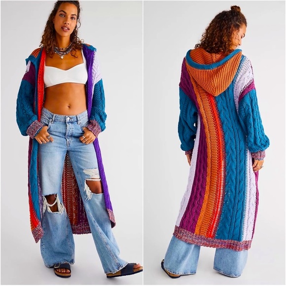 Free People Sweaters - Free People RARE Hearts On Fire Stripe Hooded Chunky Long Cardigan Large